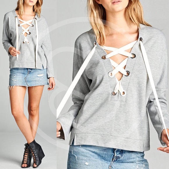 027 Cozy Lace up Long Sleeve Sweater Top - Picture 3 of 6